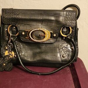 Guess Black Crocodile-Embossed Shoulder Bag